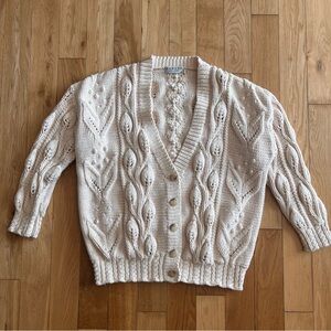 VTG Jaeger Womens Hand Knit Chunky Oversized Cream Cardigan 100% Cotton Size M